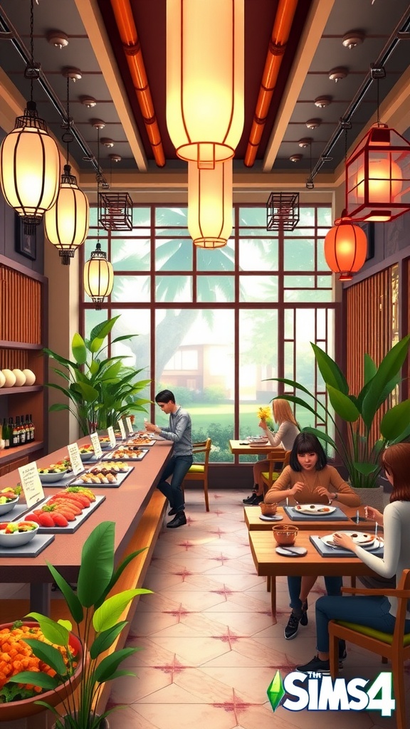 Sims 4 sushi restaurant with sushi bar and vibrant decor, showcasing happy Sims dining.